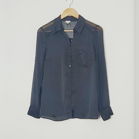 Dynamite Womens Black Sheer Pocket Long Sleeve Collared Button Down Shirt Size M - Picture 1 of 10